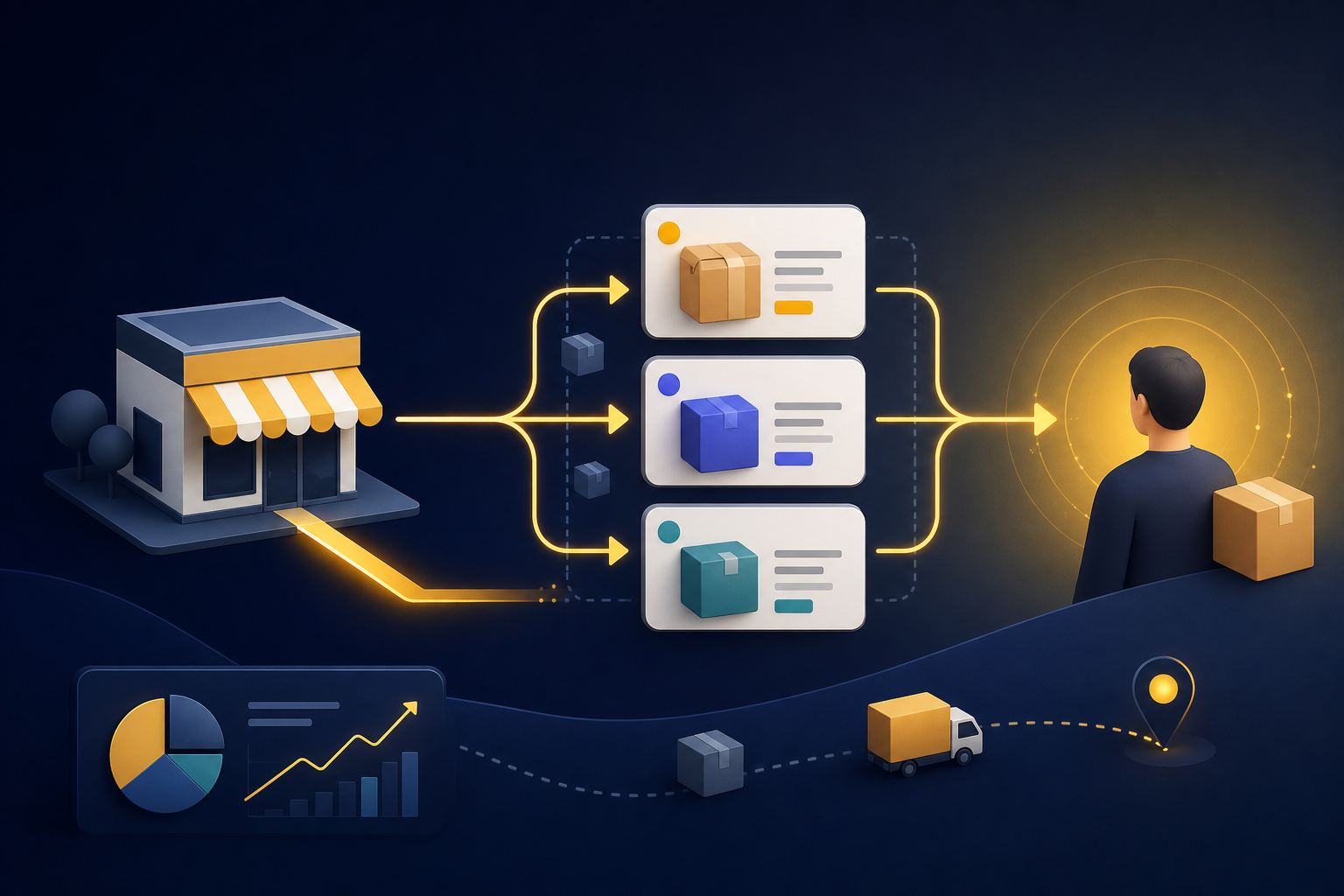Ilustração editorial abstrata de canais de venda conectando loja física, marketplaces e comprador em uma jornada inicial
