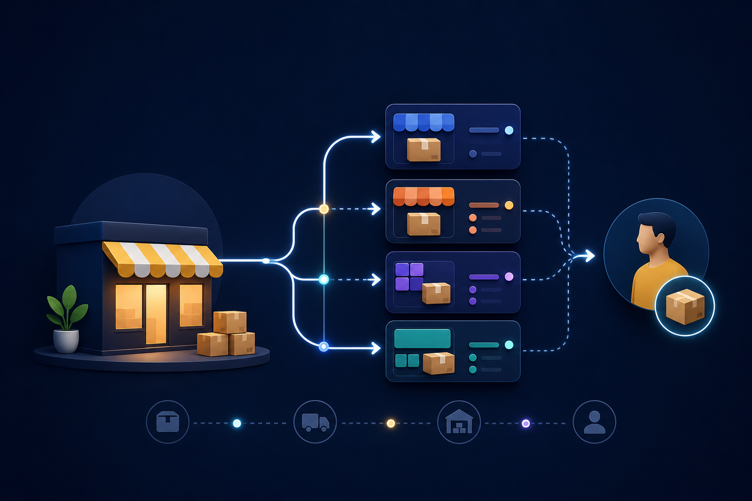 Ilustração editorial de jornada de venda em marketplace com loja, canais conectados e comprador final