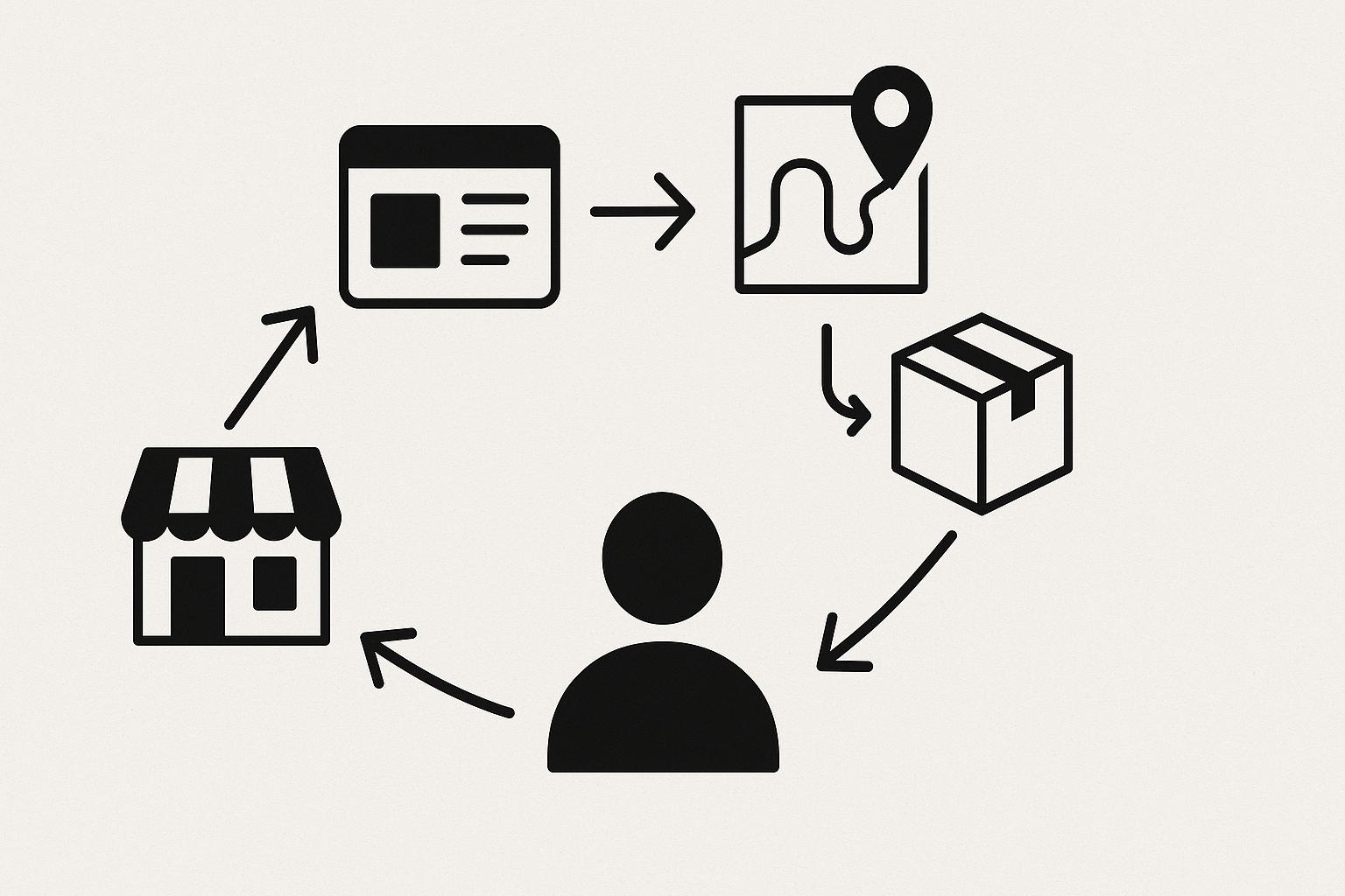Mapa de canais conectando loja, marketplaces e comprador, início de jornada de seller de marketplace